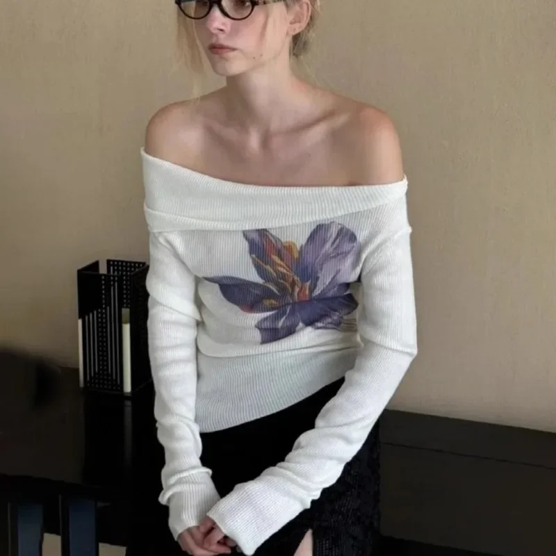 

One Shoulder Printed Top Women's Summer Knit Backless Pleated Casual Pullover White Slim Office Lady Sexy Female T-Shirt