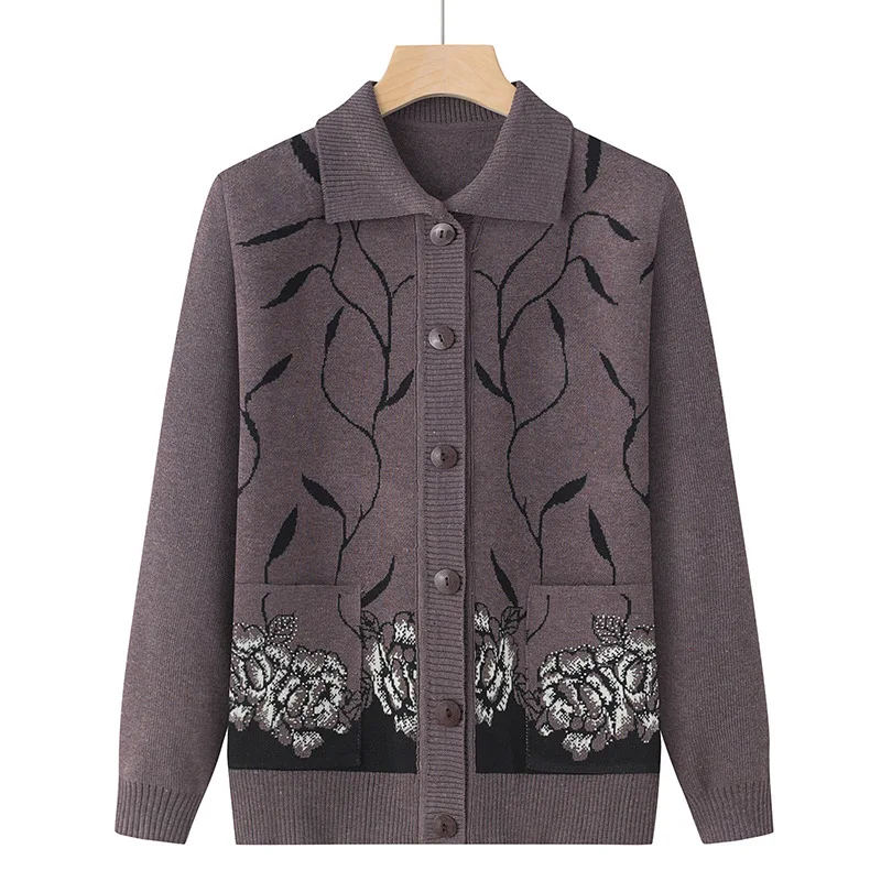 Vintage Middle Aged Mother Sweater Grandma Cardigan Autumn Winter Knitting Long Sleeve Coat Lapel Printed Knitwears Jacket Women