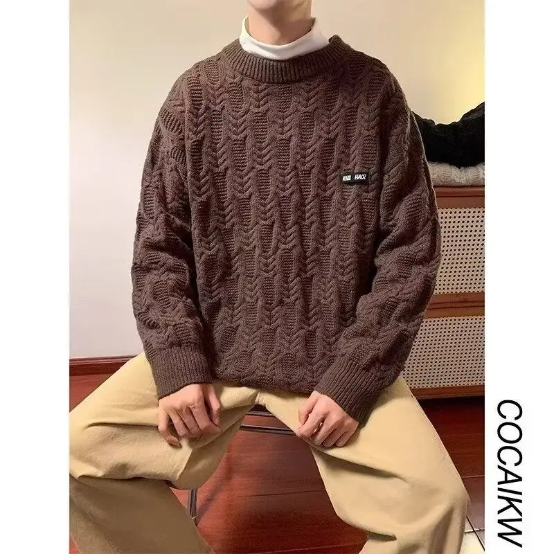 Autumn Winter Jacquard Printed Sweater Men's Round Neck Pullover Sweatshirt Japanese Retro Youth Design Niche Knitted Sweater