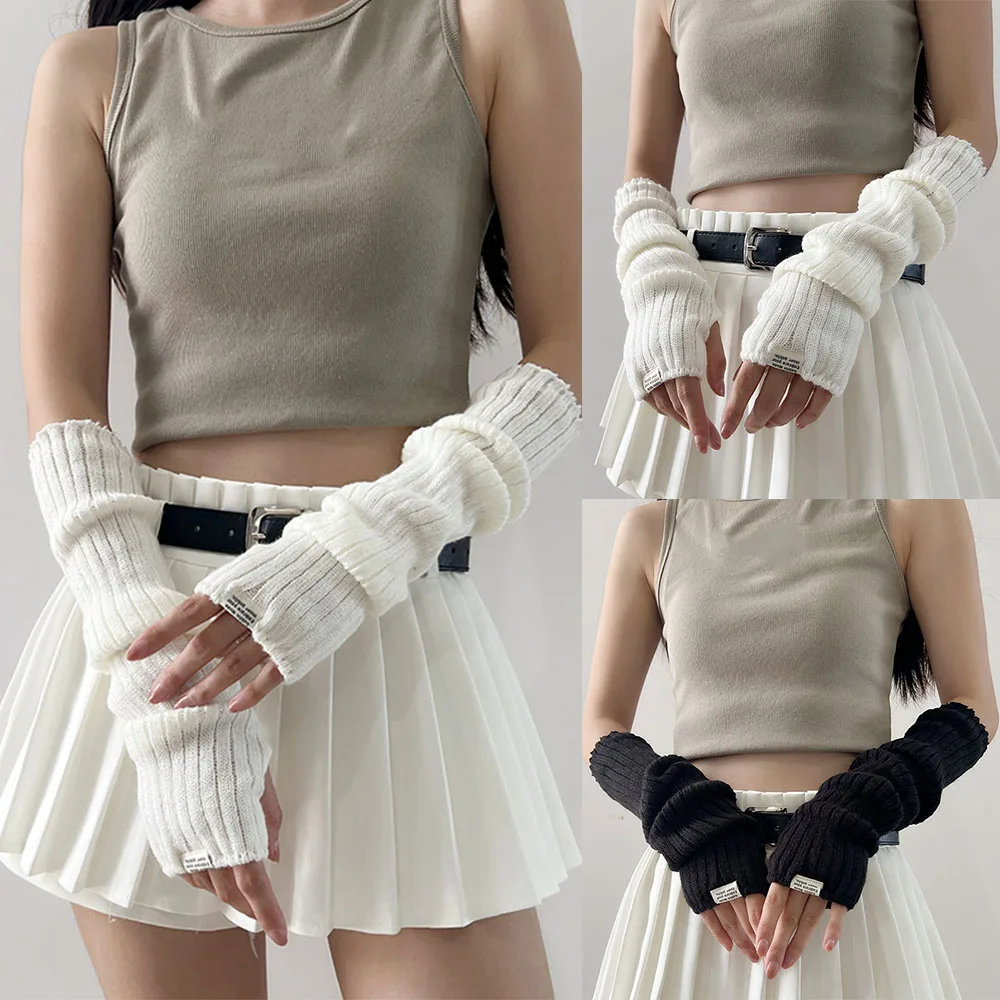 2024 New 40cm Women Knit Arm Sleeves Punk Gothic Japanese White Black Goth Long Fingerless Gloves For Girls Harajuku Accessories