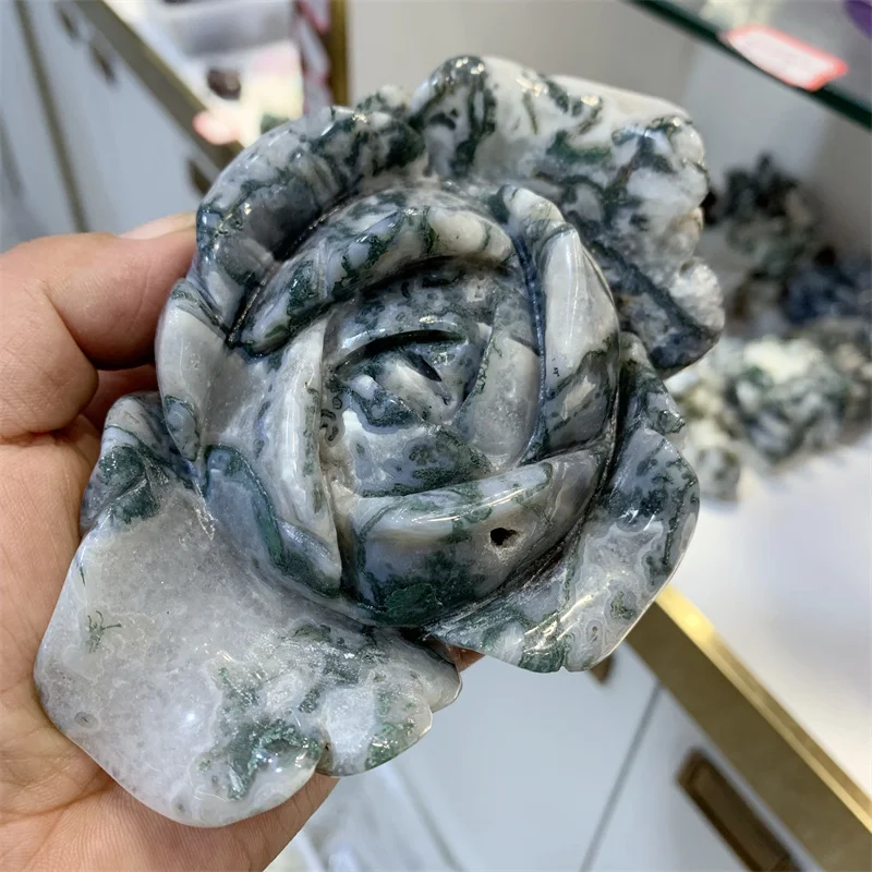 

Natural Moss Agate Crystal Flower Handmade Carved Crafts Healing Reiki Figurine Home Room Decoration Gift 1pcs