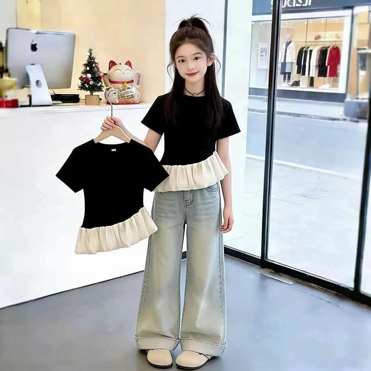 

Летняя уличная одежда для детей 2026: Корейская футболка с асимметричным кроем для девочек 5-6 лет, а также для девочек 7-12 лет