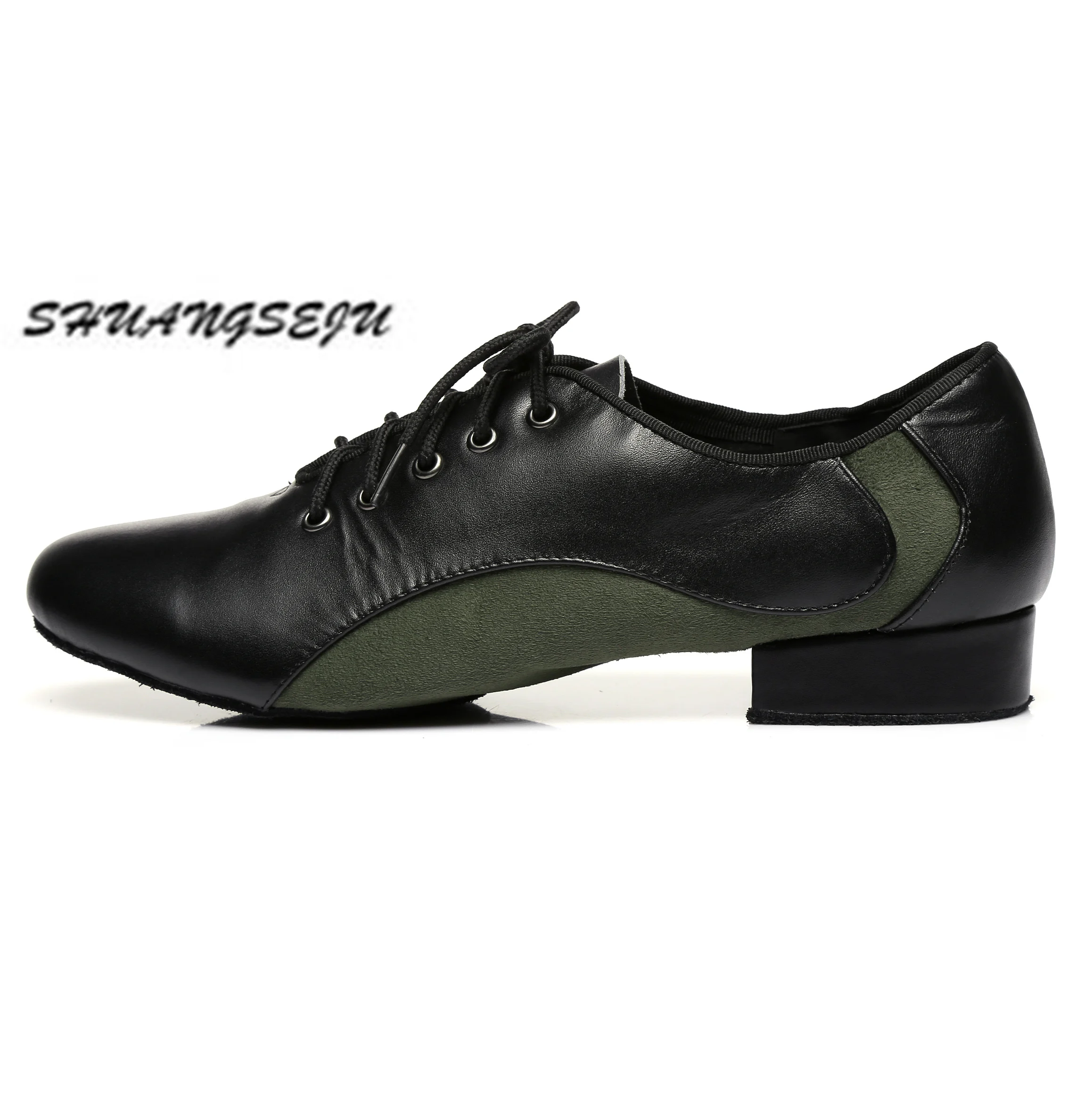 SHUANGSEJU-zapatos de baile latino de cuero para hombre, calzado de Salón Estándar Nacional De cha-cha, suela suave para interiores, tacón bajo de 2,5 cm