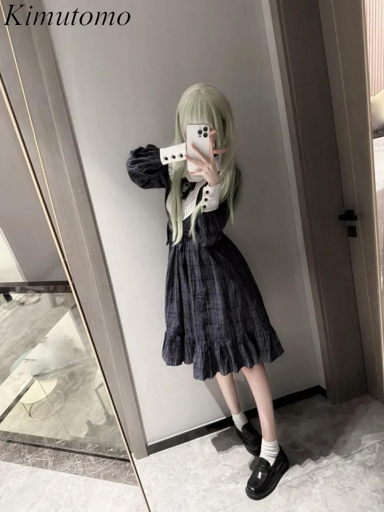 Kimutomo Plaid Dresses Women Lolita Style Peter Pan Collar Long Sleeve Ruffles JK Dress Y2k Aesthetic Harajuku Ladies Sweet