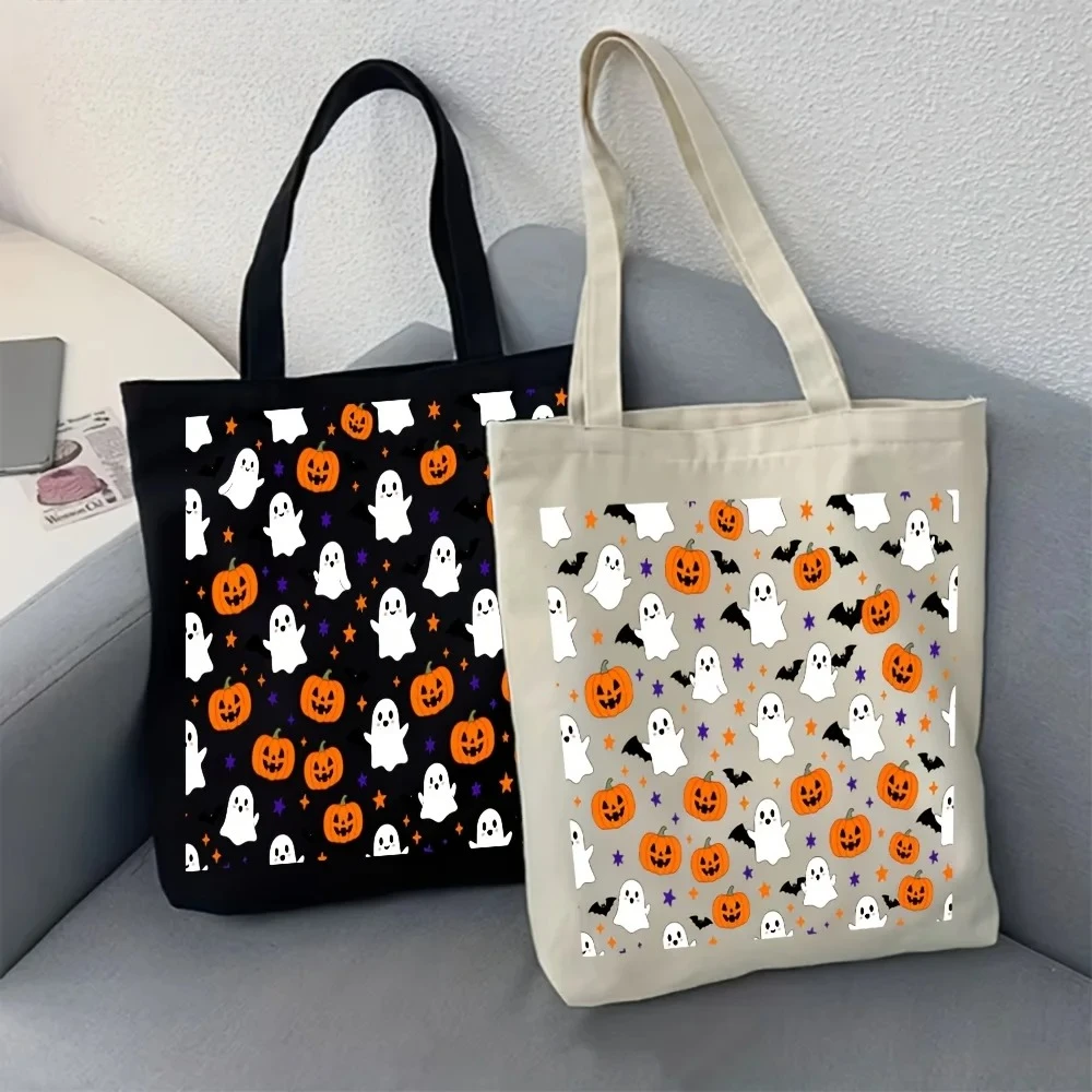 Cute Halloween Allover Ghost Pumpkin Pattern Canvas Tote Bag Reusable Shoulder Shopping Bag Festival Treat Bag for Boys Girls