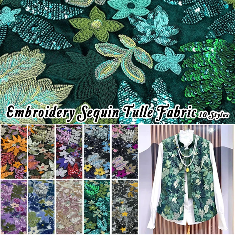 1 Yards 3D Embroidery Mesh Flower Colorful Thread Sequin Fabric Mesh African Lace Sequin Fabric For Sewing Evening Dress view 2