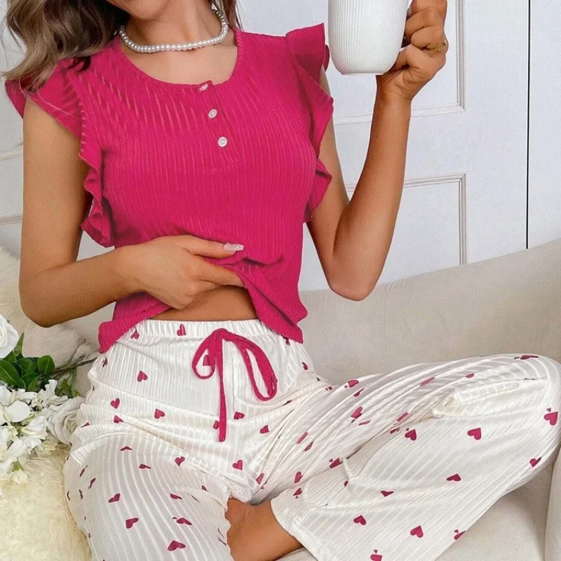 Pijamas con mangas voladoras pequeñas para mujer, conjuntos de pantalones con estampado de corazón, bordes con volantes, ropa de casa, 2 piezas, otoño