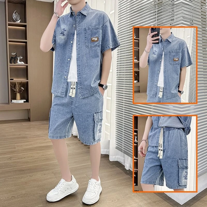 Fashion Wear Shirt Cargo Shorts High Appearance Level Men's Summer Thin Short-sleeved Shirt Loose Shorts Two-piece   Denim Suit