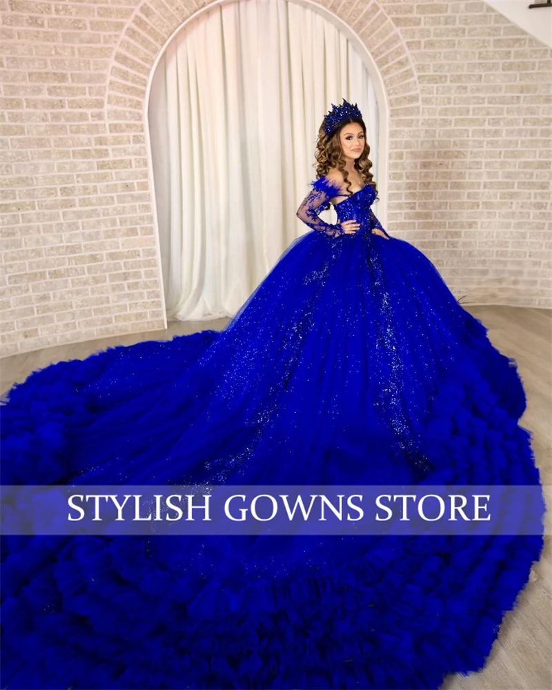 Royal Blue Off Shoulder Ball Gown Quinceanera Dresses Beaded 2024 Birthday Luxury Dress Tiered Ruffles Feather Customized