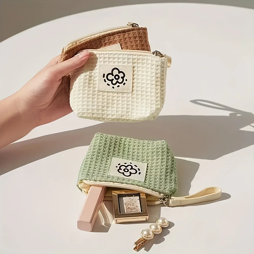 1 шт. Шикарный маленький кошелек с цветочной вафельной текстурой — компактная и портативная дорожная сумка с застежкой-молнией, для отпуска, бизнеса