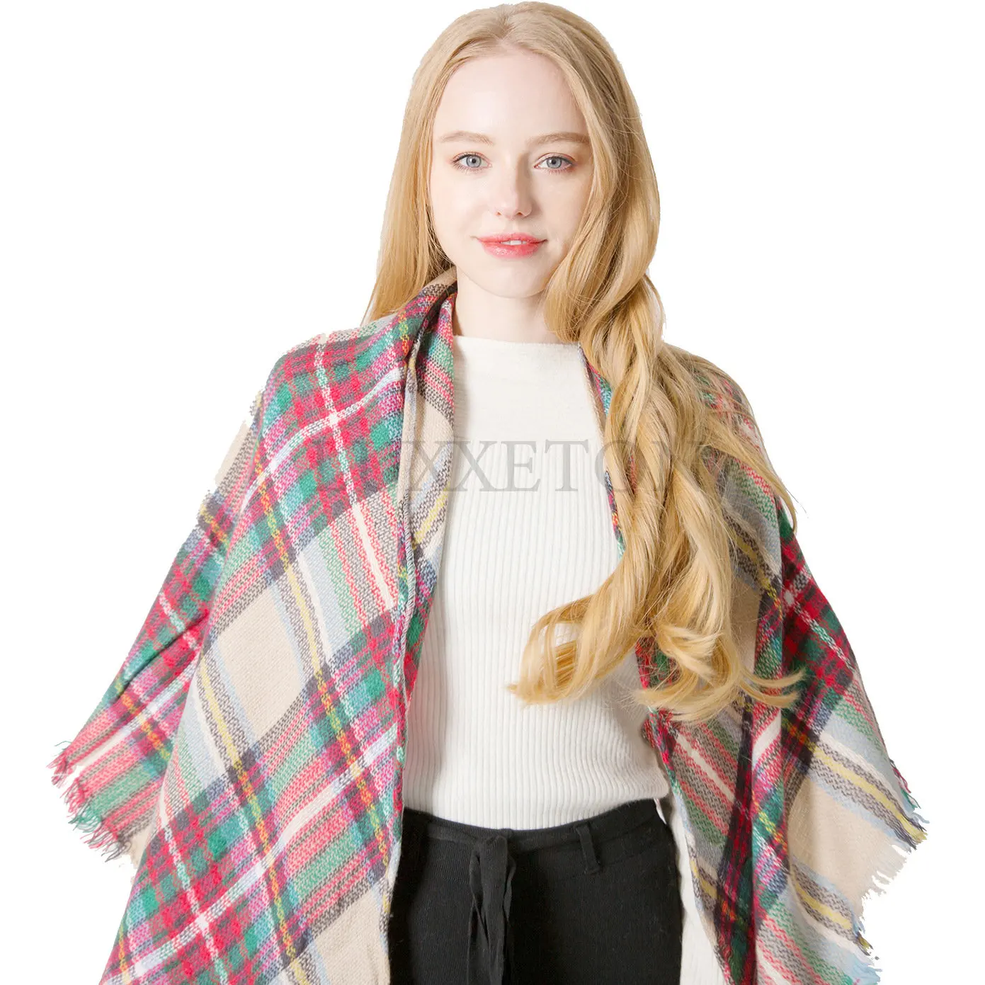 Winter Imitation Cashmere Double-sided Colorful Female Plaid Square Scarf Triangle Scarf Ladies Bib Shawl for Women