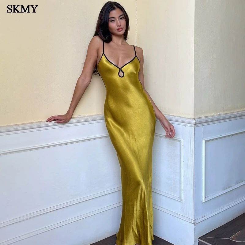 

SKMY New Solid Color Sexy Strap Rope Back Long Dresses Elegant Dresses For Women