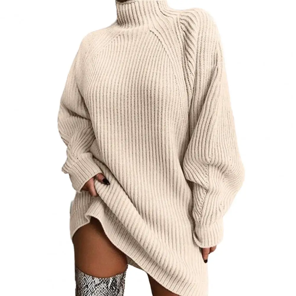 Women'S Autumn Winter Fashion High Neck Knitted Sweater Dress Casual Solid Loose Long Sleeve Warm Midi Length Sweater Dresses