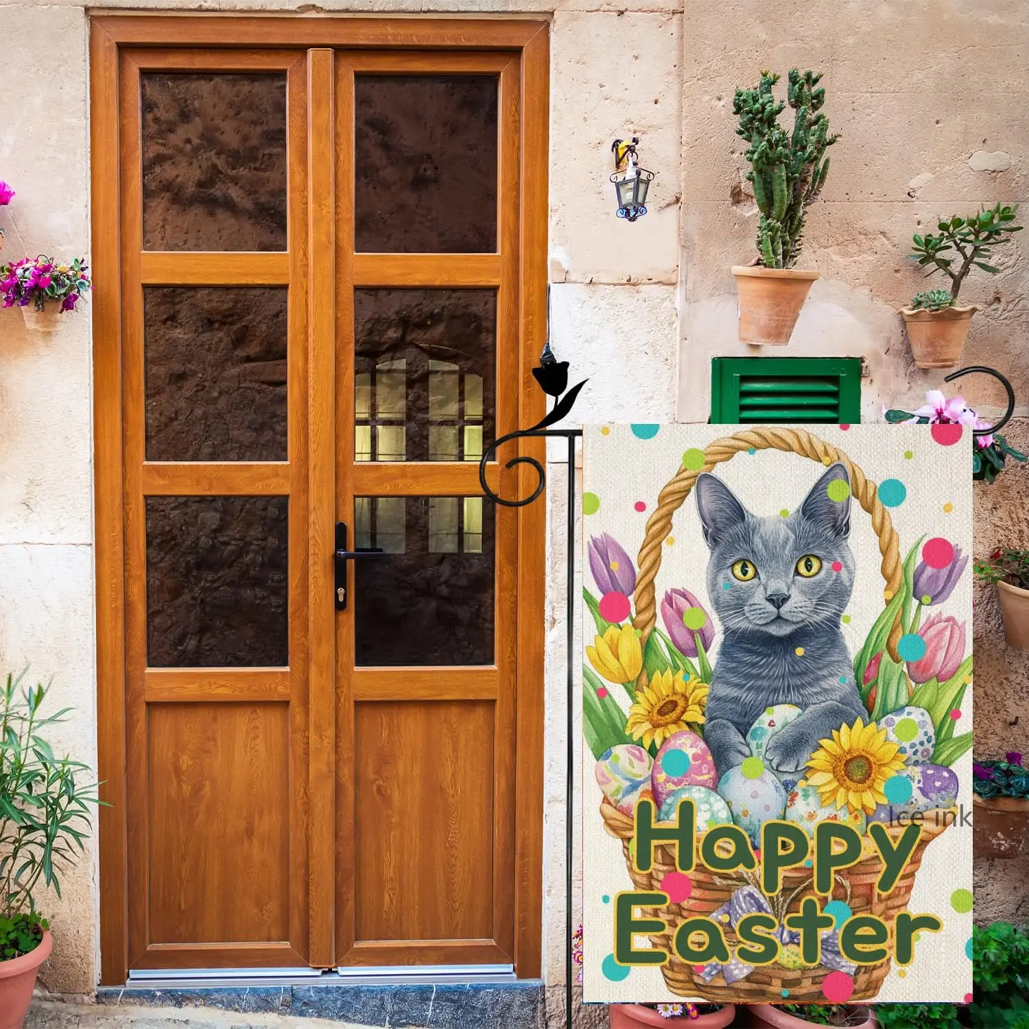 Ice ink Welcome Easter Decorative Garden Flag Russian-Blue Cat Polka Dot Yard Lawn Outside Decor Spring Burlap House Flag Ou yyi