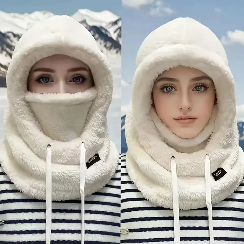 Women Winter Balaclava Hat Fleece Lined Thickened Neck Warmer Mask Integrated Cap Windproof Ear Protection Cycling Ski Thermal