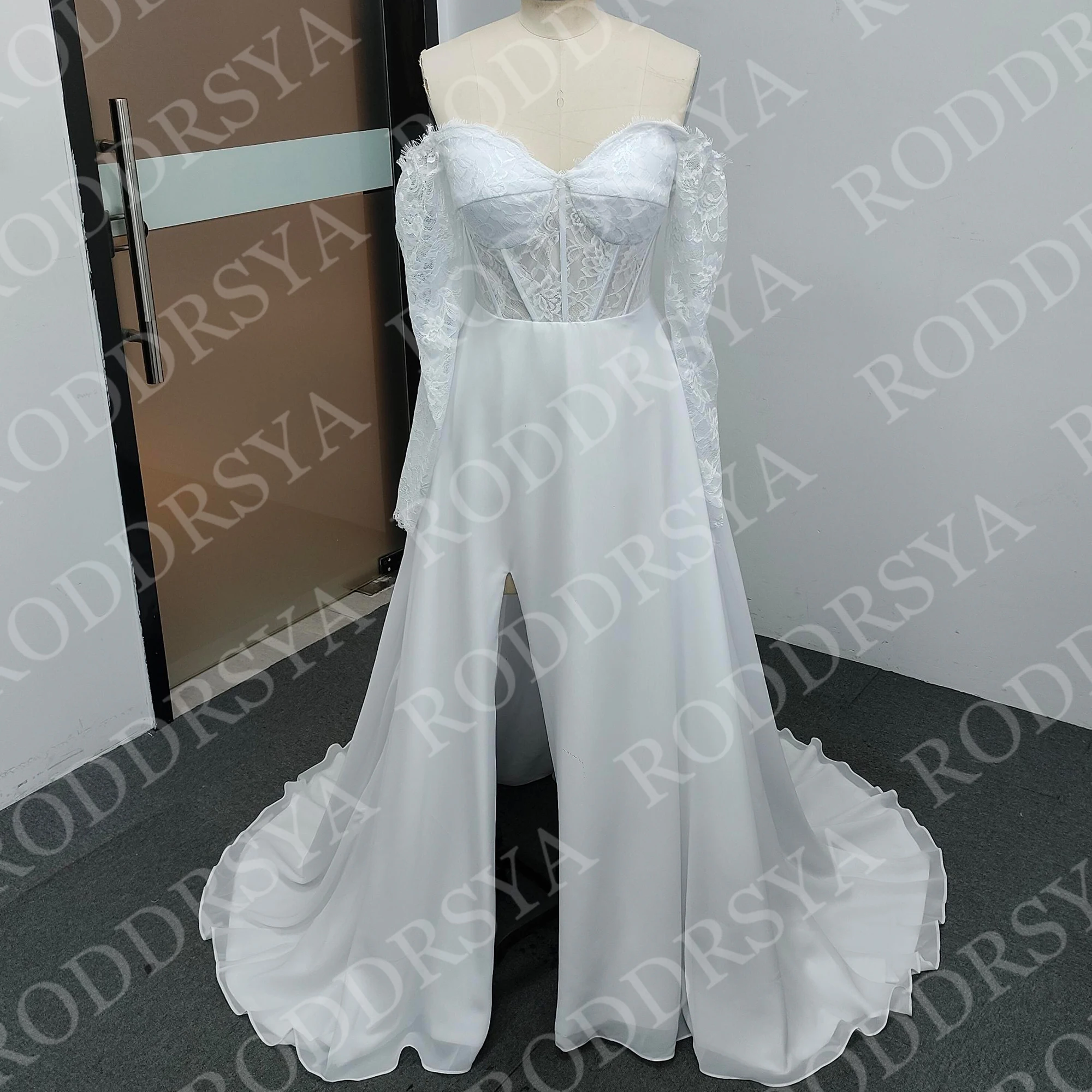 RODDRSYA Elegant Wedding Dresses Boho Woman Off Shoulder Lace Long Sleeves Split Bridal Dress Chiffon Customized Robe De Mariée