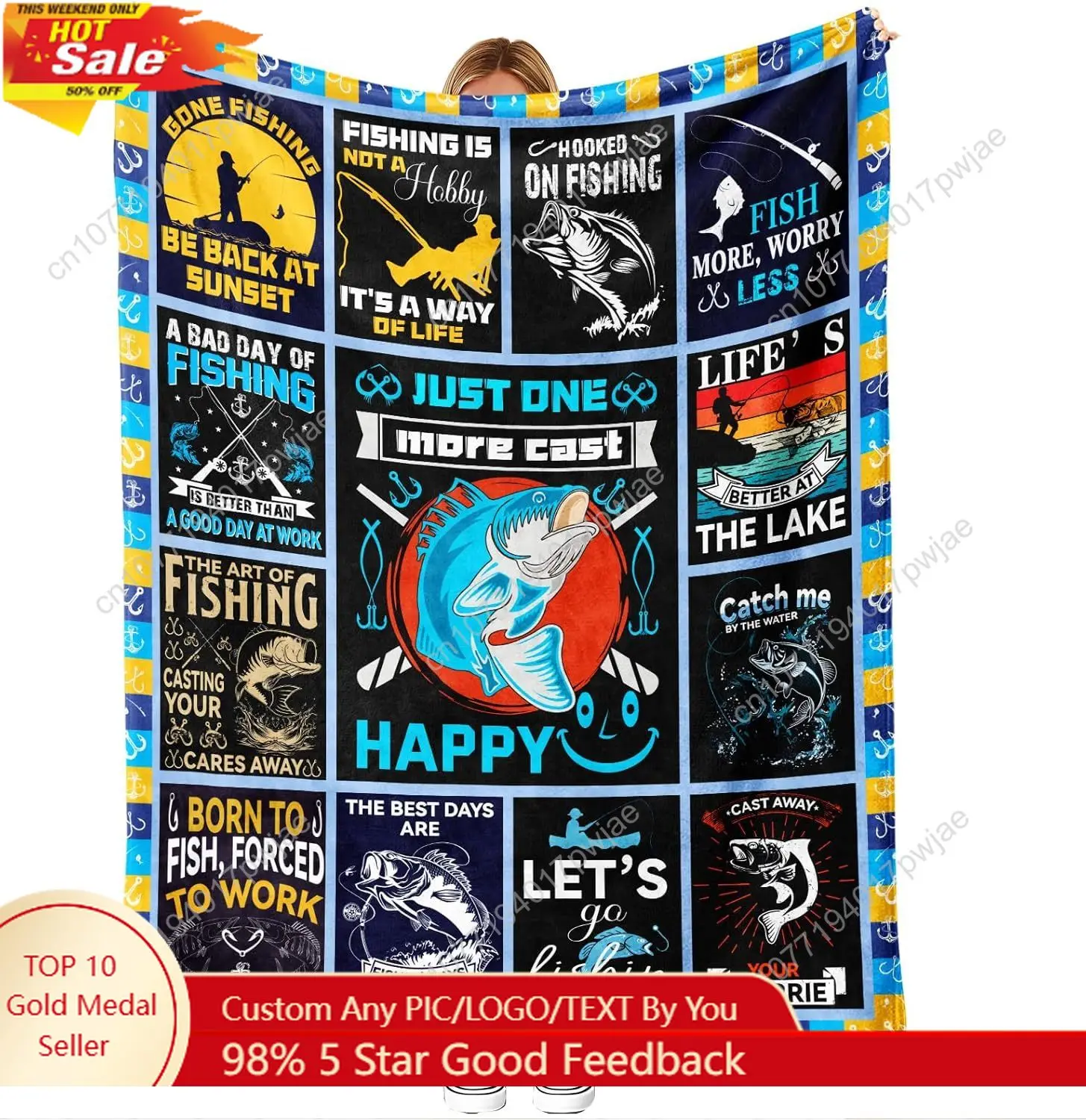 

Fishing Quotes Blanket 50x60 inches – Funny Angler Gift Flannel Throw with Sayings Like “Just One More Cast” Custom blankets