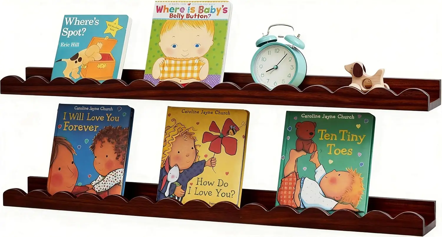 

Набор из 2-х плавающих книжных полок из темного дерева, с фестончатым дизайном, для детской комнаты (90 см)