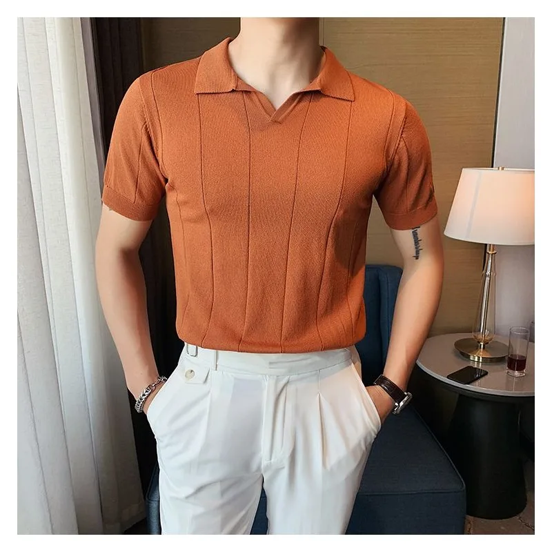 Luxury Brand British V-neck Polo Shirt Men Summer Short Sleeve Knitted T-shirt Business Casual Slim