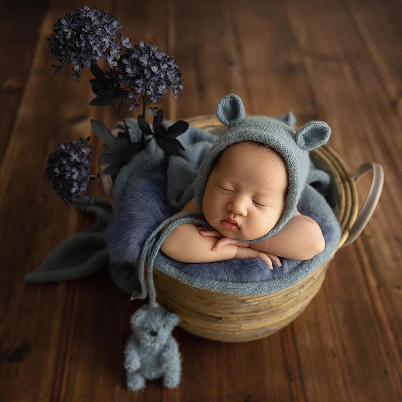 Recém-nascido fotografia adereços, malha envoltório para bebê recém-nascido, macio, esticável Swaddling flores azuis, posando cesta, cenário tema conjunto