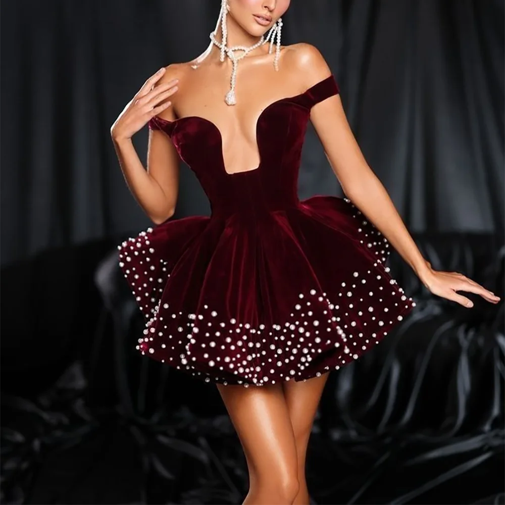 فساتين سهرة على الطراز الحديث قبالة الكتف للنساء ثنيات لؤلؤ فاخرة فوق الركبة بطول كاجوال لحفلات الكوكتيل #1