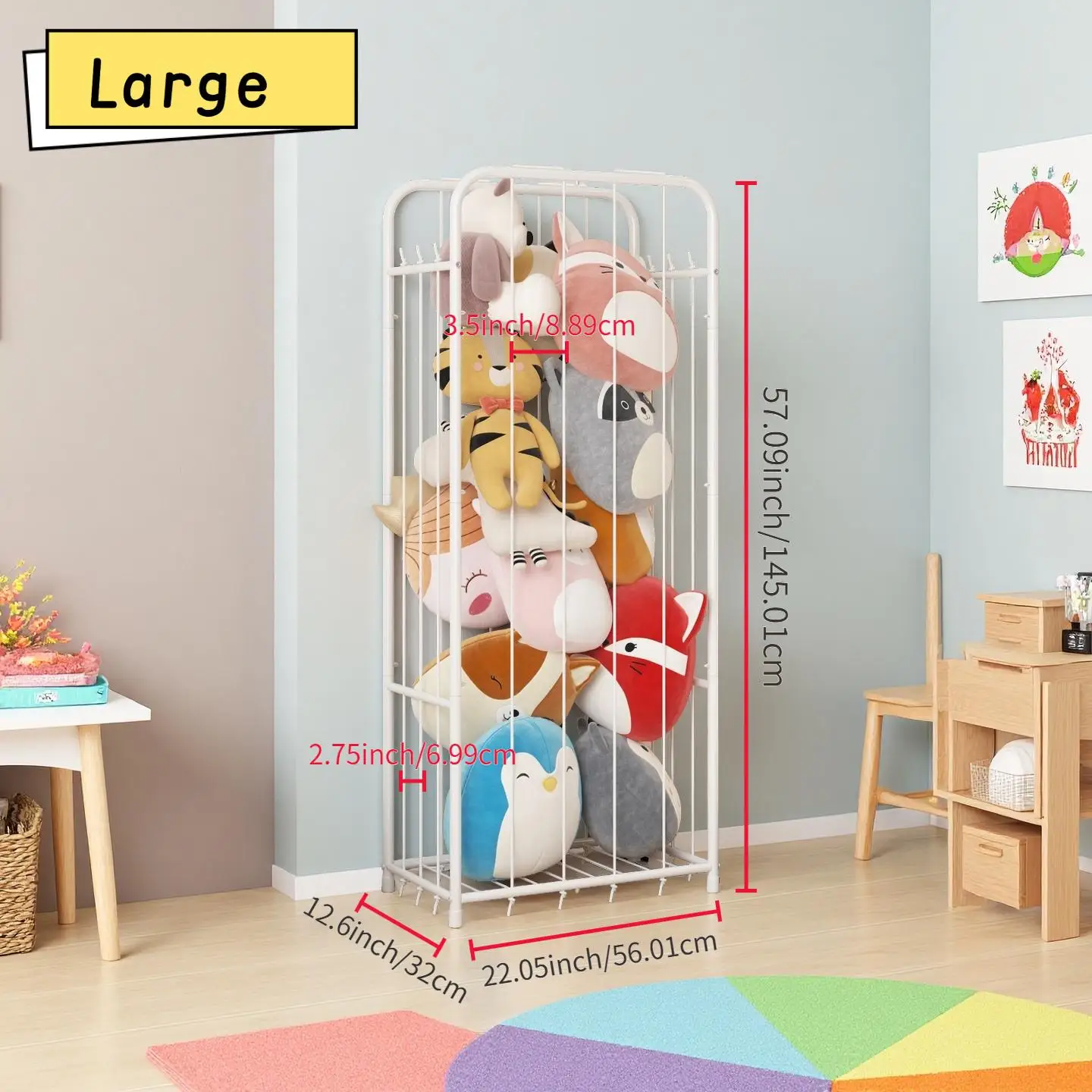 Vertical Stuffed Animal Storage Organizer Zoo Themed Plush Toy Display Rack Space-Saving Metal Frame Holder with Elastic Net Freestanding Corner Storage for Kids Playroom Nursery Bedroom Baby Room Organization view 5