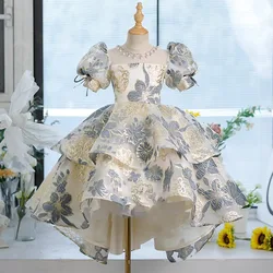 2024 Girl Elegant Dress Flower Princess Dresses Bubble Sleeves High Quality Birthday Children  Frock Host Performance Clothing