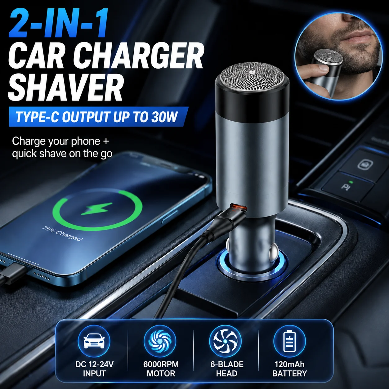 Electric Shaver C Car Charger 30W 5A Quick Charge Type-C Fast Charging for IPhone Huawei Samsung Xiaomi Car charging shaver