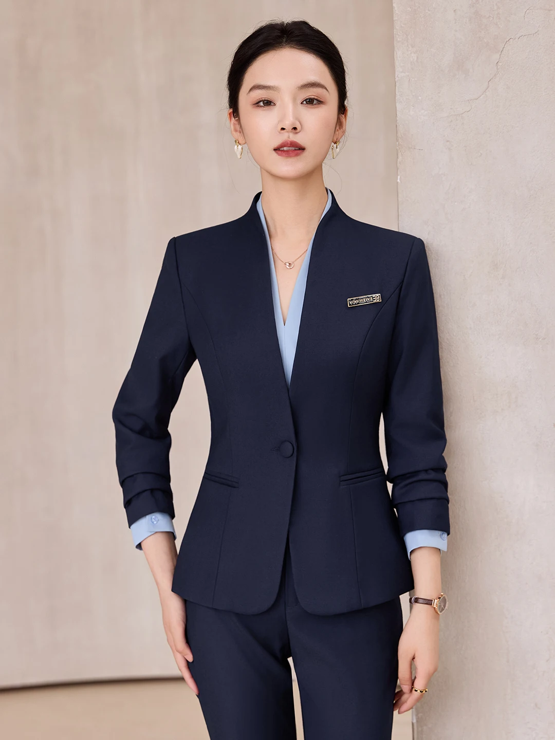 

Blue Suit Set Women's Hotel Manager Work Uniform High-End Sales Office Front Desk Collarless Professional Workwear
