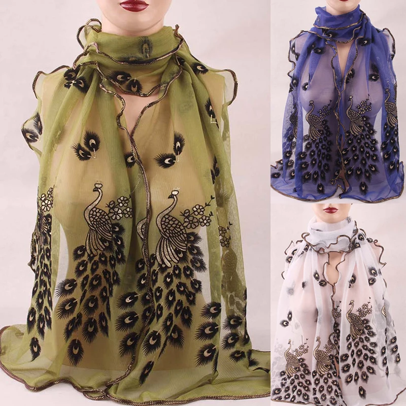 1PCS 190*40CM Women Lady\'s Silk Scarves Shawl Stole Peacock Scarf Transparent Long Fashion Chiffon Soft Wrap