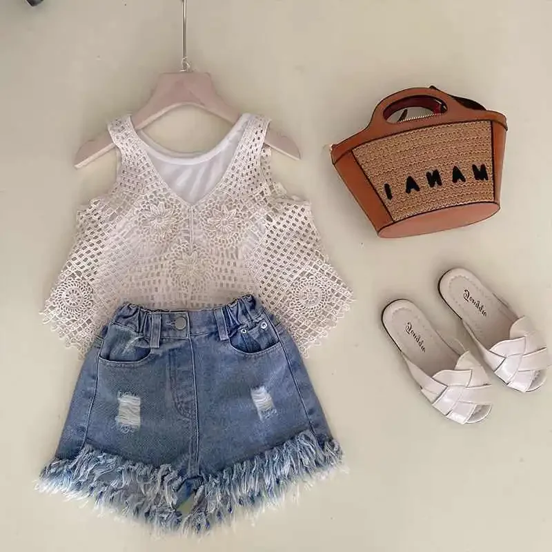 

Girls Summer 3-Piece Set Sleeveless Chinese Style Hollow out T-Shirt And Shorts Outfit for Children Kids Outfits