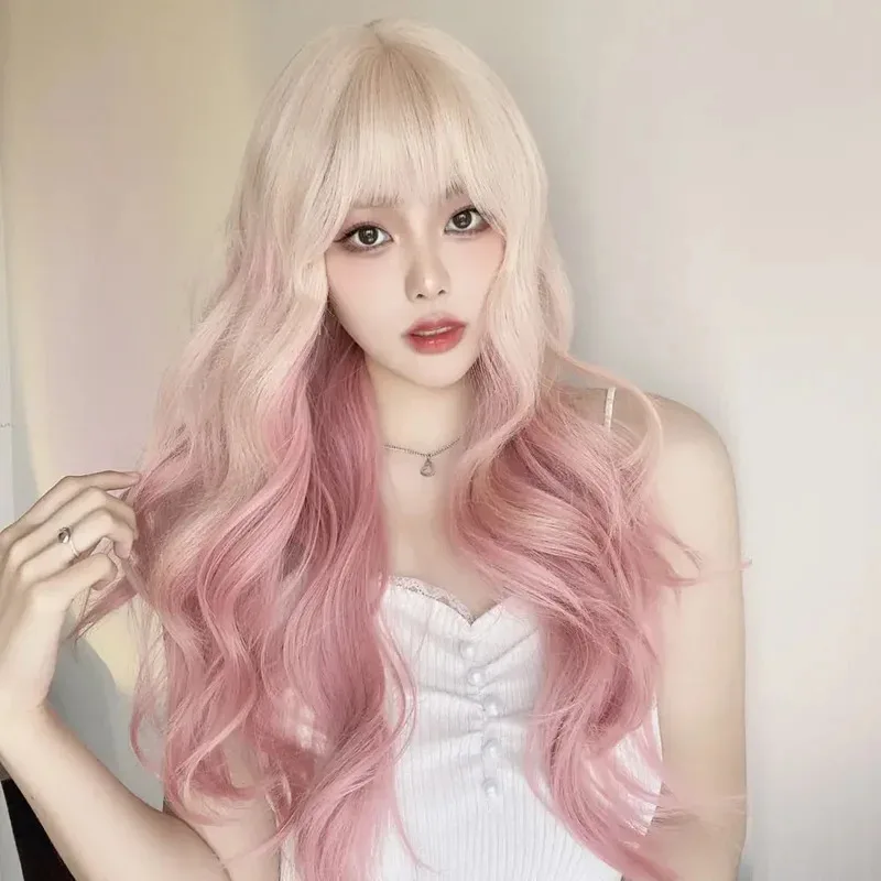 Wig Merah Muda Putih Bergelombang Panjang untuk Wanita Wig Sintetis Pesta Harian dengan Kostum Poni Wig Lolita Wig Cosplay Merah Muda Gradien Platinum
