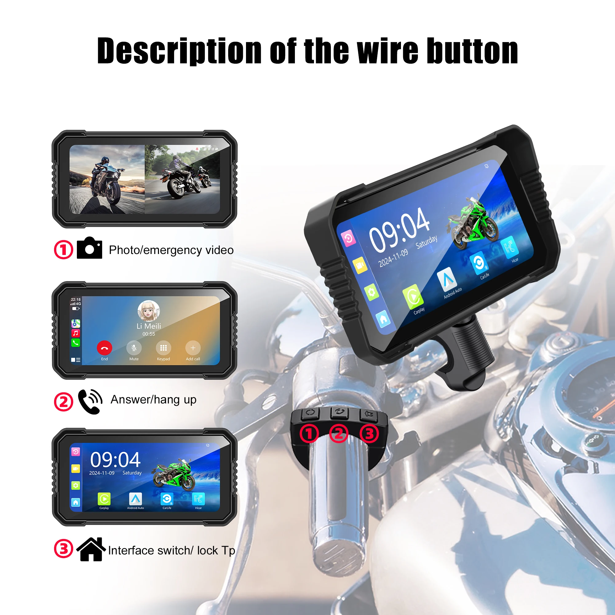 Motorcycle Global Navigation System 6.25 Inch Smart Screen Supports Wireless Carplay Android AUTO Video Playback IP67 Waterproof