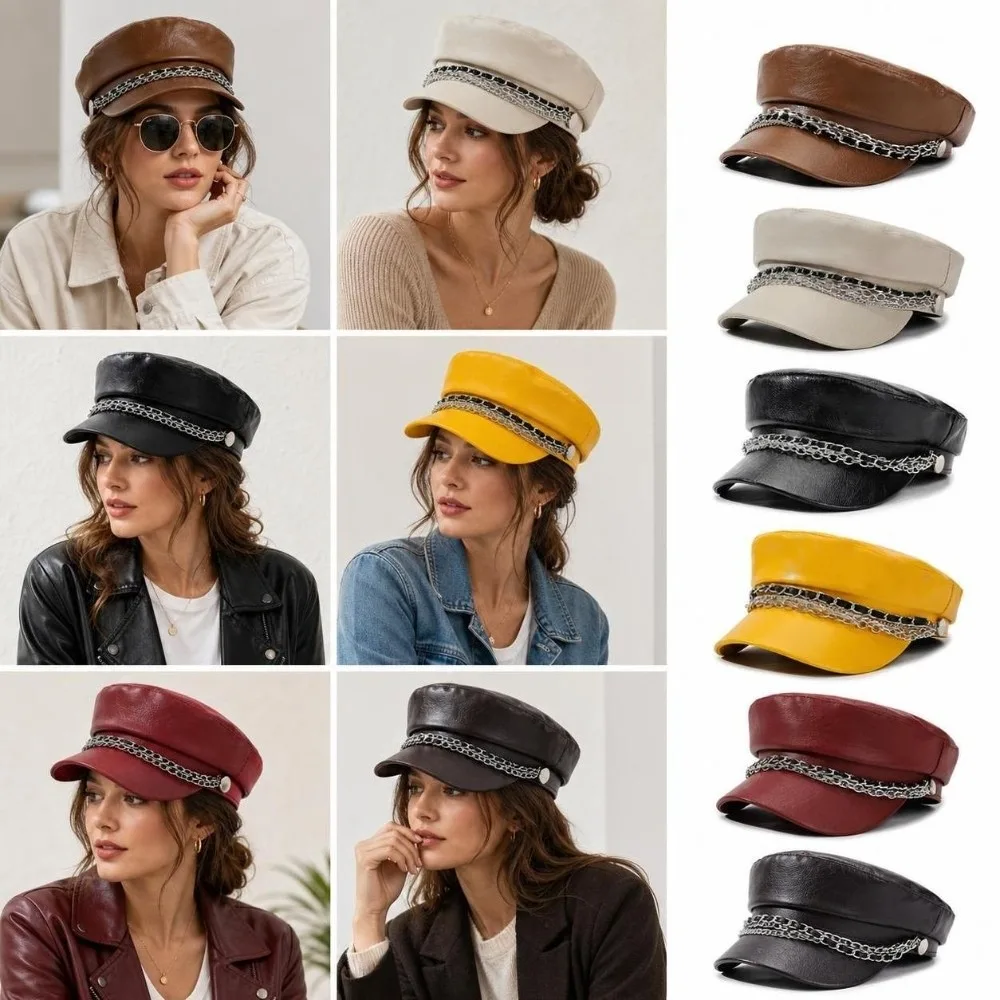 Vintage PU Leather Newsboy Cap Silver Chain Decor Short Brim Beret Hat Casual Adjustable Peaked Hat For Women