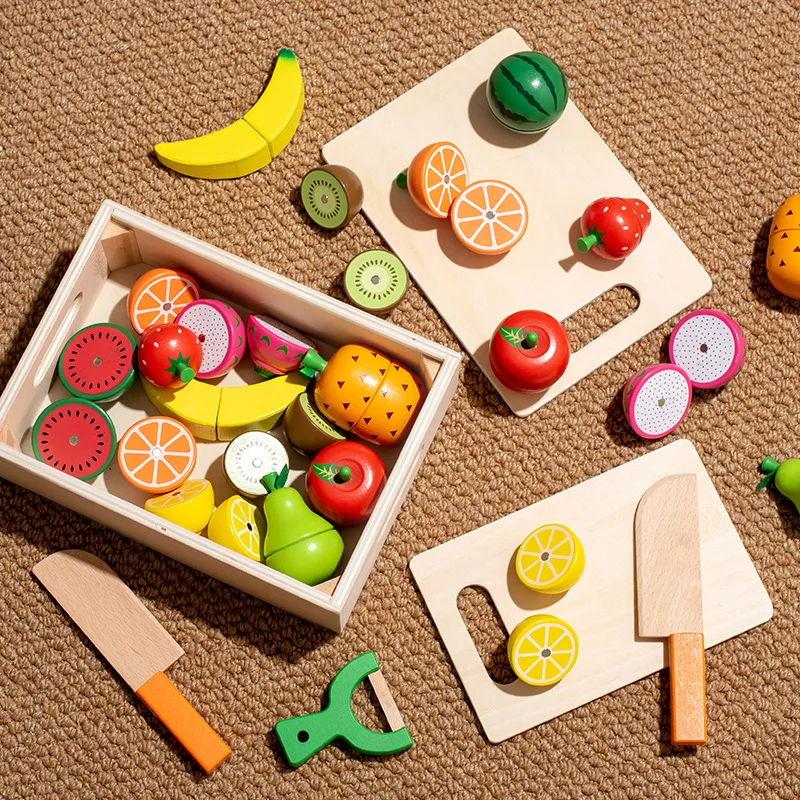 Wooden Simulation Pretend Play Kitchen Toys Magnetic Cutting Fruit Food Set Game Montessori Educational Toy Gifts for Kids Baby