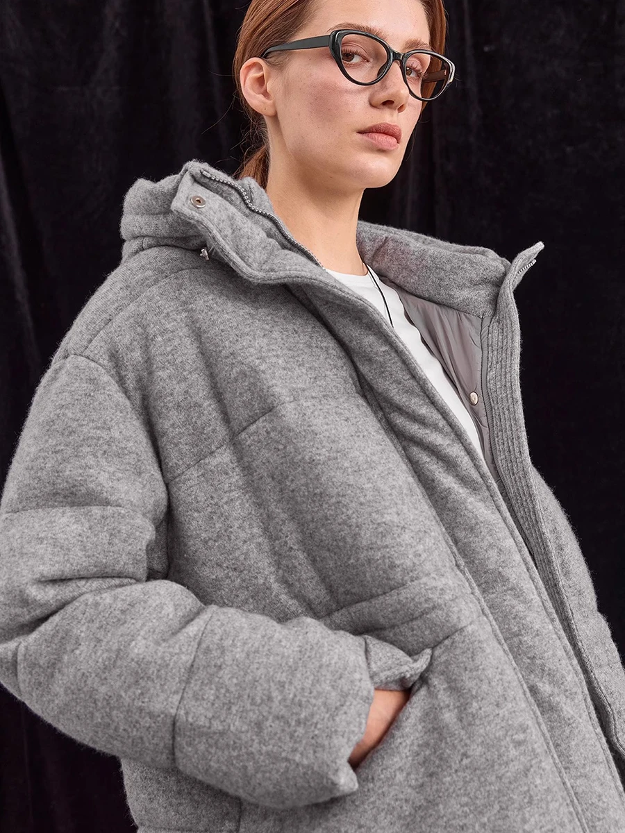 سترة صوفية بغطاء للرأس وخصر للتنحيف وجيب كبير من أوزة أسفل معطف طويل للنساء