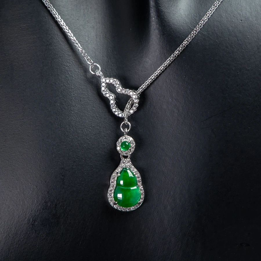 

TIMESWIND Natural A-type Jade Green Double Gourd Pendant S925 Silver Ice Sense Full Zircon Necklace with Certificate
