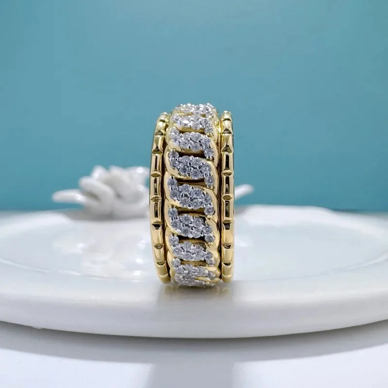Luxury 100% Real 18k Gold Women's hip-hop fashion brand twist diamond ring rotatable Cuban chain design moissanite ring