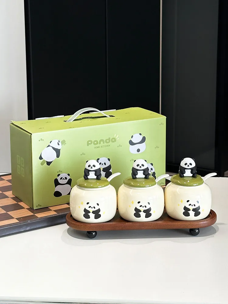 Cute Panda Ceramic Seasoning Jar Set, Spice Container with Lid & Spoon, Kitchen Condiment Pot Home Decor Gift