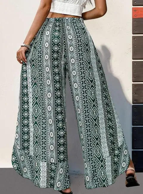 

Women's Pants 2025 Fashion Spring Summer Hot Selling Temperament New Product Printed Lotus Leaf Edge Wide Leg Pants Split Pants