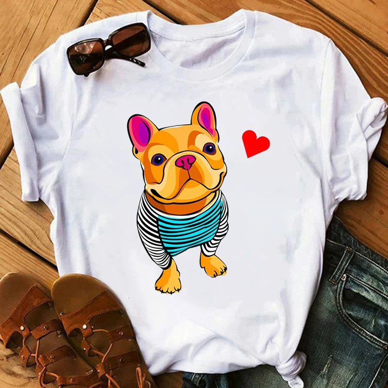 Leuke Franse Bulldog Grafische Print T Shirts Vrouwen Harajuku Ullzang Mode T-shirt 90S T-shirt Zomer Top Tee Shirt Female