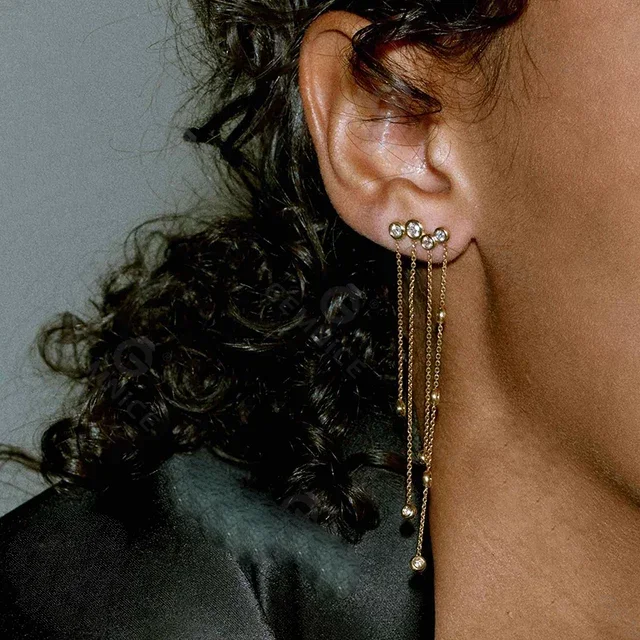 

2026 New Hot Fashion Gold Color Silver Long Tassel Dangling Drop Chain Earring Paved Bling CZ Women Wedding Luxury Jewelry