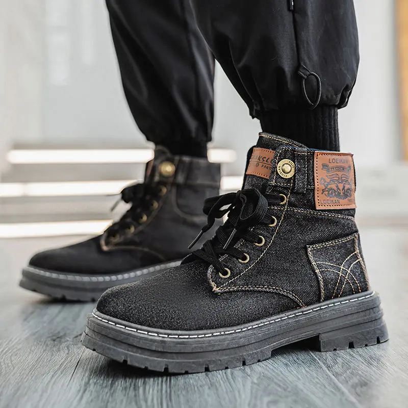 

Plus Size Denim Lace Up Platform Men's High Cut Boots Spring Autumn Non Slip Cheap Classic Comfortable Male Shoes in Promotion