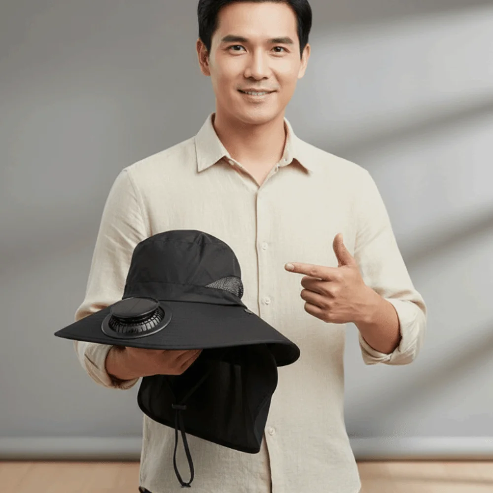

Portable Solar Rechargeable Fan Hat Long-lasting with Shawl Fishing Sun Shading Cap 300mA Adjustable Wide Brim Fan Hat Outdoor