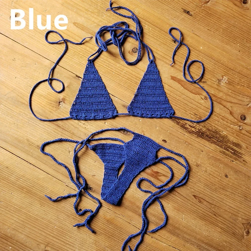 Bikini Women Hand Crochet Summer Beach Two-piece Solid Color Bandage Bikini Set Lingerie Woman Swimwear Swimsuit Bikinis Sets