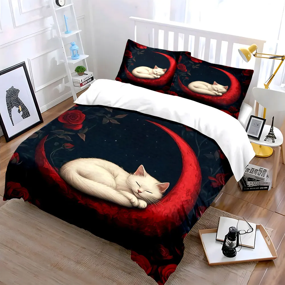 White Cat Rose Moon Decor Bedding Set with 1 Duvet Cover 2 Pillowcases Single Double King Queen, Gift