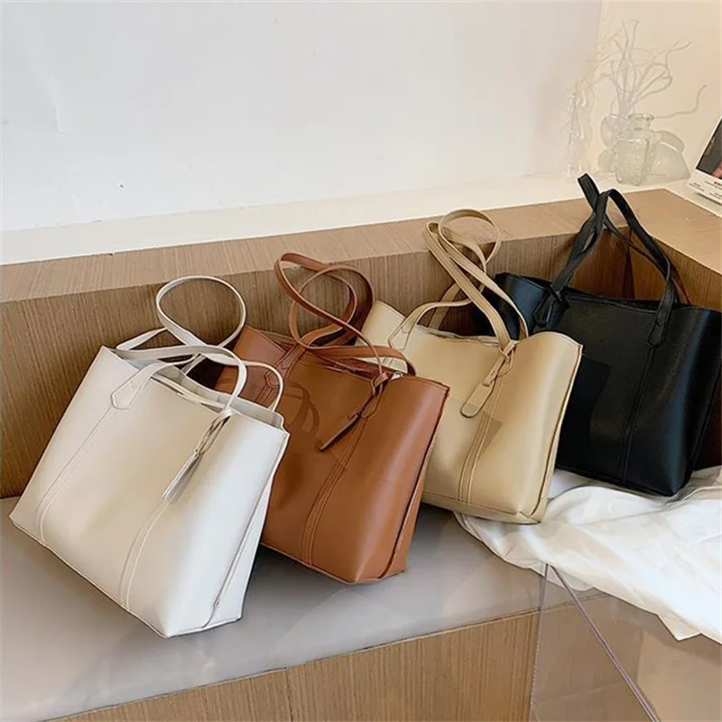 Novo casual grande capacidade retro bolsas de ombro totes para as mulheres tamanho grande simples versátil macio couro do plutônio bolsa de compras