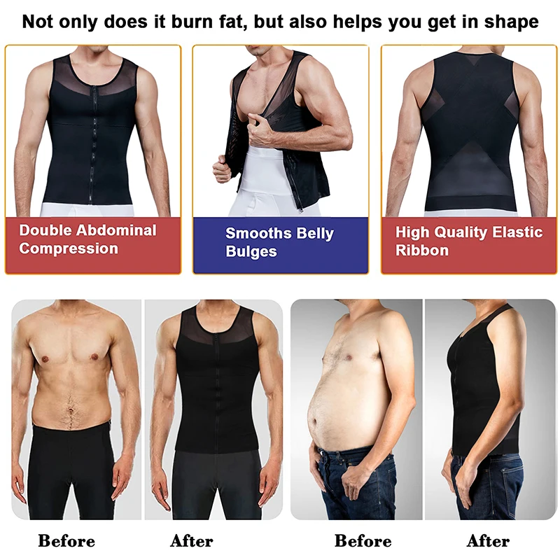 Mens Chest Compression Shirt Gynecomastia Vest Slimming Shirt Body Shaper Tank Top Front Zipper Corset For Man Shapewear