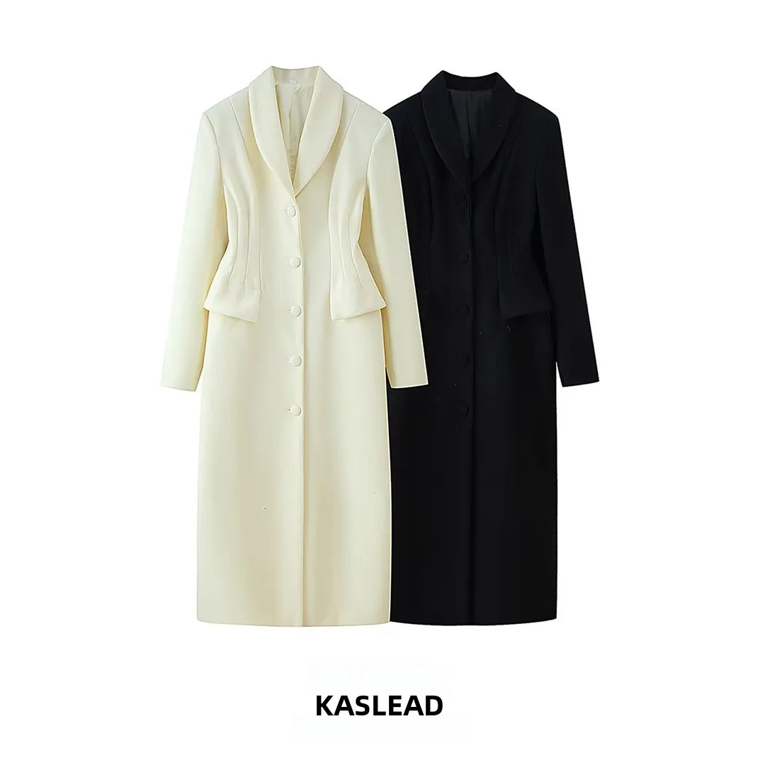 

KASLEAD новое женское модное длинное шерстяное пальто с отложным воротником и пуговицами, простой декор, осенний сезон, полиэфирное волокно