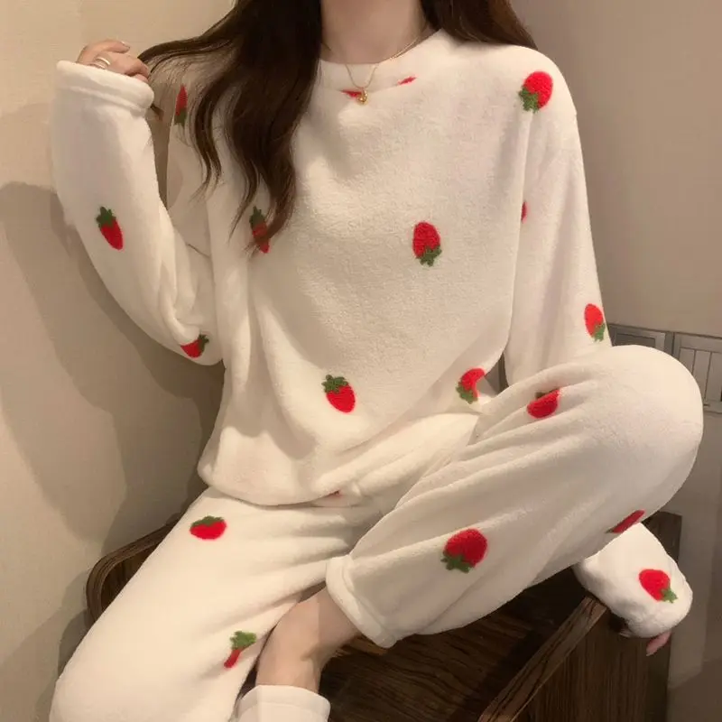 

Women Thickened Coral Fleece Pajamas O-Neck Long Sleeve Print 2 Piece Set Sweet Fluffy Soft Comfortable Outerwear Pajamas Suit